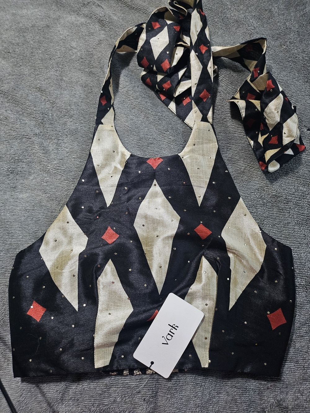 NWT!! Vark COTOURE halter top with a gold and red geometric diamond pattern